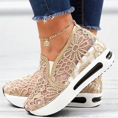 Category:Slip-Ons; Upper Materials:Mesh; Embellishment:Flower; Season:Spring,Summer; Heel Type:Wedge Heel; Gender:Women's; Toe Shape:Round Toe; Style:Casual; Heel Height(inch):4-5; Outsole Materials:Rubber; Occasion:Daily; Closure Type:Loafer; Pattern:Solid Color; Listing Date:05/26/2023; Production mode:External procurement; 2024 Trends:Comfort Shoes; Foot Length:; Foot Width:; SizeChart1_ID:2:184043; Size chart date source:Provided by Supplier. Sneakers Patterns, Slip On Espadrilles, Lace Heels, Round Toe Heels, Platform Sneakers, Design Floral, Casual Shoes Women, Slip On Sneakers, Low Heels