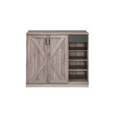 a wooden cabinet with sliding doors on the top and bottom shelves, in grey wood