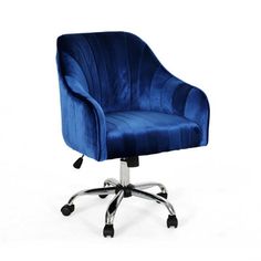 a blue office chair with chrome wheels and casteors on an isolated white background photo