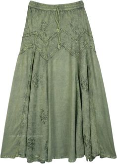 Sage Green Skirt Ankle Length with Embroidery Fairycore Clothes Png, Bohemian Knee-length Skirt For Fall, Fitted Bohemian Rayon Skirt, Midi Skirt Png, Marauders Fashion, Sage Green Skirt, Skirt Png, Western Skirts, Estilo Hippie