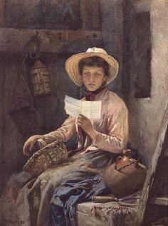 a painting of a woman sitting on a chair reading a book and holding a basket