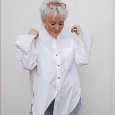 Crisp White Button Down Long Shirt, Great For Leggins Or Skinny Jeans Oversized White Shirt With Buttons, White Button-down Shirt For Everyday, Everyday White Buttoned Shirt, White Shirt For Everyday, White Shirt With Shirttail Hem And Buttons, Daywear Shirt With Shirttail Hem And Buttons, Shirt With Buttons And Shirttail Hem For Daywear, Daywear Shirt With Buttons And Shirttail Hem, Chic Shirt With Button Closure And Shirttail Hem