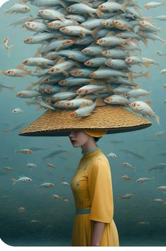 a woman with a large hat on her head is surrounded by fish in the ocean