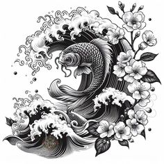 a koi fish and flowers tattoo design