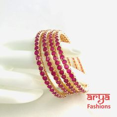 2.6 Golden Ruby Pink Trendy Bangles Set of 4 Ruby Gold Bangles, Luxury Ruby Bangle As A Gift, Luxury Ruby Gemstone Bangle, Ruby Bangles Gold, Kada Bangles, Unique Gold Jewelry Designs, Ruby Bangles, Bangles Set, Stone Bangle