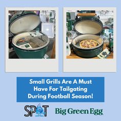 two pictures of small grills are at must have for tailgating during football season