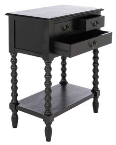 a black end table with two legs and a drawer on one side, the top is turned down