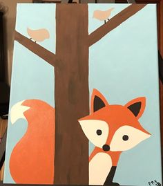 an acrylic painting of a fox and bird on a tree