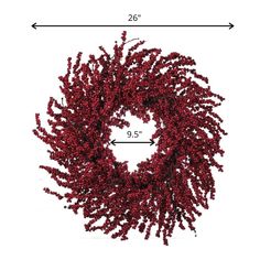 a red wreath is shown with measurements for the size and width, as well as how to measure it