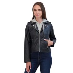 This stylish women's faux leather hooded moto jacket from Sebby is sure to quickly become a staple in your closet.Click on this WOMEN'S GUIDE to find the perfect fit and more! This stylish women's faux leather hooded moto jacket from Sebby is sure to quickly become a staple in your closet. Click on this WOMEN'S GUIDE to find the perfect fit and more! FEATURES Attached hood Zipper front closure Long sleeves 2 functional zipper pockets Soft faux leather construction with fleece inner hood & bib Fu Faux Leather Jackets, Outerwear Coats, Moto Jacket, Stylish Women, Gender Female, What To Wear, Age Group, Coats Jackets, Perfect Fit