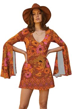 BestDealFriday Orange Jupiter Dress P1480836, Orange-(US 16-18)XL Printed Beach Dresses, Disco Outfit, Wholesale Dress, Fit Inspo, Beach Dress, Fall Dresses, Online Womens Clothing, Long Tops, Boho Dress