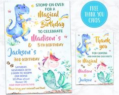 two birthday cards with watercolor dinosaurs on them