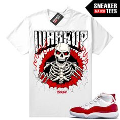 "Cherry 11's Jordan matching shirt by Sneaker Match Tees brand. Official Sneaker Match Tees shirt designed to match the Jordan 11 \"Cherry\" retro sneakers. *Sneakers are for matching purposes only, NOT included in the sale* True to size Men's shirt 100% Soft Cotton Regular Fit" Red Graphic Print Sneakers For Streetwear, White Cotton Sneakers With Graphic Print, Throwback White Tops For Streetwear, Cherry 11s Outfit, 11s Outfit, Cherry 11, Cherry 11s, Jordan 11 Cherry, Cherry Shirt