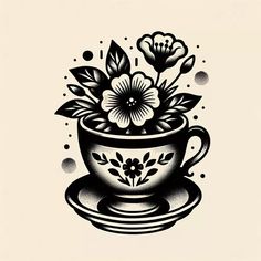 a black and white drawing of flowers in a teacup with saucer on the side