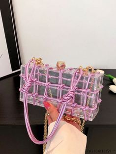 BagForLove - Chic Clear Chain Mini Box Bag with Clip Top Pink Square Box Bag For Party, Rectangular Box Bag With Chain, Rectangular Chain Box Bag, Chic Pink Box Bag For Gift, Chic Purple Square Box Bag, Trendy Pink Rectangular Clutch, Trendy Portable Box Bag As Gift, Rectangular Chain Bag As Gift, Trendy Rectangular Case Box Bag As Gift