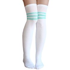 Three Mint Green Stripes Adorn The Upper Part Of The Socks To Add Elegant Flair For A Style That Is Simple But Timeless. Made In Usa Size: Women's 7-11 Material: 80% Cotton, 20% Nylon & Elastic Length: 32” - 34” Before Stretched Striped Thigh Highs, Thigh High Tube Socks, Orange Socks, Black Mary Jane Shoes, Polka Dot Socks, Green Socks, Cute Spring Outfits, Over The Knee Socks, Thigh High Socks