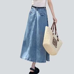 Be daring and make a statement this season with our 2023 Spring-Summer Collection street trend long flare women's denim skirt! This high-waisted denim skirt is designed to hug your silhouette. it has a fit type and flare fit and features a zipper and a button closure for added style and functionality. It also has a pebble-washed design with a distinctive damaged pattern. making it the perfect mix of contemporary fashion and nostalgic grunge.Key Highlights: Grunge Galore: Inspired by the iconic ' Trendy Denim Flare Skirt, Trendy Long Non-stretch Denim Skirt, Flared Denim Skirt For Summer, Trendy Long Denim Skirt For Summer, Trendy Flare Skirt For Spring, Denim Blue Flare Skirt For Spring, Spring Denim Blue Flare Skirt, Spring Flare Denim Blue Skirt, Summer Mid-rise Denim Blue Skirt