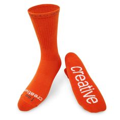 'I am creative'™ high performance crew socks (72% cotton, 20% nylon, 5% polypropylene, 2% spandex, 1% polyester). Orange socks with white words. These high-quality athletic socks feature arch support and breathable mesh. Machine wash cold, non-chlorine bleach only, tumble dry low. Made in the U.S.A. I love the color orange and this explanation of the meaning of the color (from color-wheel-pro.com): Orange combines the energy of red and the happiness of yellow. It is associated with joy, sunshine Notes To Self, The Color Orange, Orange Socks, I Am Creative, Stylish Socks, Words Of Affirmation, Positive Affirmation, Athletic Socks, Color Wheel