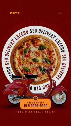 a pizza advertisement with a vespa on the front and an image of a pizza on the back