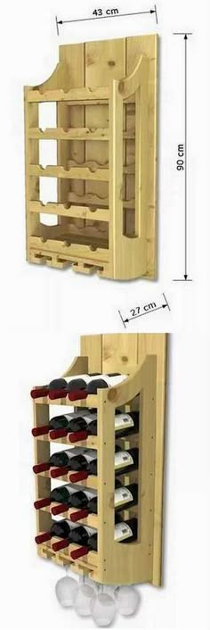 two wooden shelves with wine bottles in them and measurements for the bottom shelf to be built into