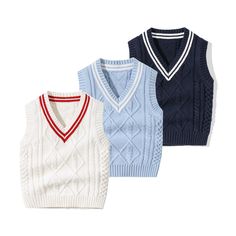 This timeless piece of crochet knitwear is crafted with the highest-grade wool to exude sophistication and style. Its classic Striped V-Neck Design and College Style Sleeveless Vest Sweater will add a touch of sophistication and elegance to any baby's wardrobe. COLOR White, Navy Blue (Dark Blue), Blue MATERIAL Cotton PATTERN Striped, Plain (Solid) SEASON Spring, Autumn SIZE (AGE) 66 (3-6M), 73 (6-9M), 80 (9-12M), 90 (12-24M), 100 (2-3Y) GENDER Baby Girl, Baby Boy Boys Knit Sweaters, Boys Waistcoat, Winter Baby Clothes, Vest Sweater, Knit Baby Sweaters, Boys Knits, Knit Sweater Vest, Fashion Man, College Style