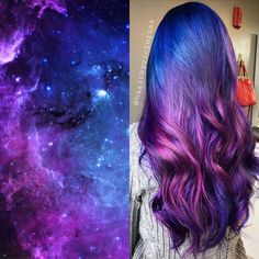 Purple And Blue Hair, Galaxy Hair Color, Blowout Hairstyle, Exotic Hair, Style Bangs, Hairstyle Braid, Underlights Hair, Galaxy Hair, Vivid Hair Color