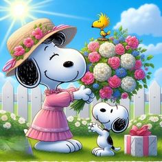 a painting of a dog giving flowers to a girl in a pink dress and hat