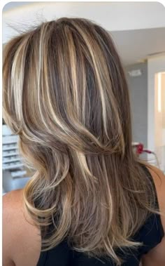 Triple Highlights Hair, Blonde Dark Brown Highlights, Blocky Blonde Highlights, Medium Brown Blonde Highlights, Brown Hair With Blonde Highlights Wolfcut, Chunky Highlights Medium Length Hair, Blonde Streaks Brown Hair, Brown Hair With Blonde Highlights 90s, Hair Highlights For Brown Hair Caramel