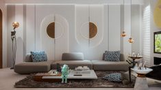 a modern living room with two circular mirrors on the wall