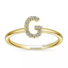 Gabriel & Co. 14K Gold Pavé Diamond Uppercase G Initial Ring Women's fashion Ring Style Number: LR51164G-Y45JJ / LR51164G-W45JJ / LR51164G-K45JJ Division: Gabriel Stackables Collection: Stackable Style: Initial Starting Price: $550.00 USD* Carat Weight: 0.06ct Width: 6.80mm Thickness: 1.30mm Bandwidth: 1.20mm Carefully calibrated details elevate this simple initial ring. Fashioned from gleaming 14K gold, it showcases an uppercase letter "G" outlined in luminous 0.06ct pavé diamonds. A simple pol G Initial, Womens Rings Fashion, Gold G, Letter G, Initial Ring, Pave Diamonds, Fashion Rings, Women Rings, Gold Bracelet