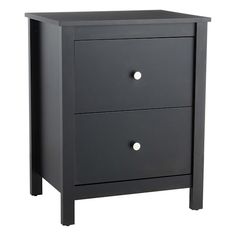 a black night stand with two drawers on one side and an open drawer on the other