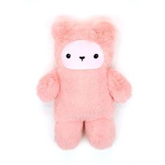 a pink teddy bear with white eyes and nose