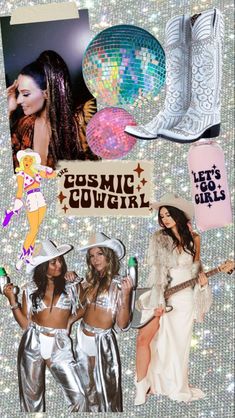 the collage shows several different women dressed up in costumes and hats, including cowboy boots