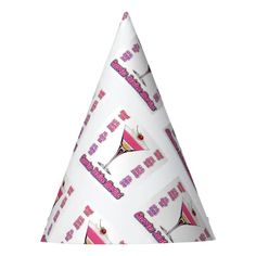 a party hat with pink and white designs on it