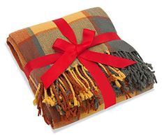 a plaid blanket with a red ribbon tied around the edge and on top of it