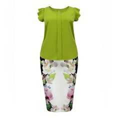 Plus Size Floral Print Two-Piece Set, Crew Neck Ruffle Sleeve Top & Bodycon Skirt Outfits, Women's Plus Size Clothing Chic Short Sleeve Sets With Floral Print, Chic Short Sleeve Floral Print Set, Elegant Green Short Sleeve Sets, Elegant Floral Print Short Sleeve Sets, Chic Short Sleeve Green Set, Chic Green Short Sleeve Set, Bodycon Skirt Outfit, Ruffle Sleeve Top, Fashion Closet