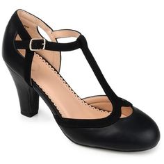 Journee Collection Womens Olina Size: 7.5 Black Black Heels With Heel Tab And Round Toe, Black Stacked Heel Shoes, Black Low Heel Shoes With Medium Width, Spring Heels With Heel Tab, Black Almond Toe Heels With Buckle Closure, 1940s Clothing, Vintage Style Heels, 1940s Outfits, 1940s Style