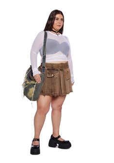 This cargo skirt has a distressed denim construction with a pleated design, front and back pockets with snap button closures, a removable belt with a buckle closure, a distressed hem, and a side zipper closure. Casual Cargo Skirt With Belt Loops For Fall, Plus Size Mini Skirt, Cargo Mini Skirt, Windsor Smith, Denim Cargo, Pride Outfit, Cargo Skirt, Current Mood, Dolls Kill