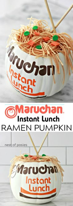 two pumpkins with straw on top and the words, instant lunch ramen pumpkin