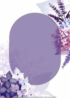 a purple and white background with flowers in the corner, on top of an oval frame