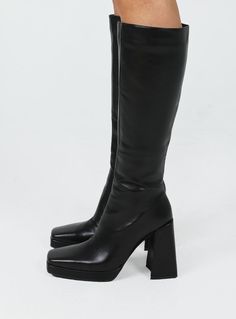 Knee high boots Princess Polly exclusive Upper: 100% PU Lining & insole: 100% spandex Outsole: 100% TPR Faux matte leather Platform base Squared toe Thick flared heel Zip fastening at side Heel height: 11cm / 4.33in Black Platform Knee High Boots, Black Chunky Knee High Boots, 70s Platform Boots, Long Black Boots Outfit, Platform Black Boots, Knee High Black Leather Boots, Knee High Black Boots, Festival Shoes, Black Platform Boots