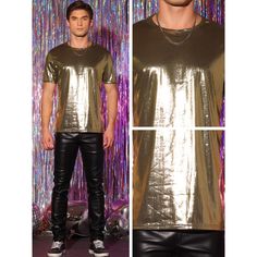 The shiny short-sleeved t-shirts can make your outfit stylish and make you shine in the crowd. Match the metallic tee top with jeans and jackets for casual night outs or fashion events. Perfect for disco, party, dance performance, stage, wedding, dinner, musical events, etc. Metallic T-shirts become a fashionable addition to your wardrobe. Short Sleeve T-shirt For Night Out In Fall, Trendy Short Sleeve T-shirt For Club, Crew Neck T-shirt For Party Season Night Out, Trendy Metallic Tops For Party Season, Trendy Shiny Tops For Party Season, Trendy Shiny Top For Party Season, Gold Shiny Tops For Party Season, Shiny Gold Tops For Party Season, Trendy Club T-shirt With Short Sleeves