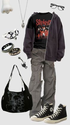 Emo Converse Outfit, Grunge Band Aesthetic Outfits, Slipknot Outfit Aesthetic, Metal Rock Outfit, Numetal Outfit, Punk Men Outfit, Slipknot Outfit Ideas, Slipknot Outfits, Numetal Fashion