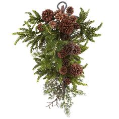 a bunch of pine cones hanging from a metal hook on a tree branch with green leaves