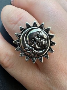 "Women's Large Solid 925 sterling silver sun & moon ring Available in sizes 5-10 Ring is very detailed and handmade Stamped 925 - solid 925 silver not plated or filled Oxidized with rhodium to give it a black finish for a vintage two tone look Weighs 5.5-6 grams depending on size Large size 18mm in height...roughly 3/4\" Ships fast Let us know if have any questions" Nickel-free Adjustable Moon-shaped Jewelry, Nickel-free Adjustable Moon Shaped Jewelry, Adjustable Round Celestial Jewelry, Adjustable Celestial Jewelry With Sun Design, Festival Crescent Jewelry With Sun And Moon Design, Adjustable Celestial Sun Design Jewelry, Crescent Sun And Moon Festival Jewelry, Adjustable Bohemian Jewelry With Sun And Moon Design, Festival Crescent Sun And Moon Jewelry