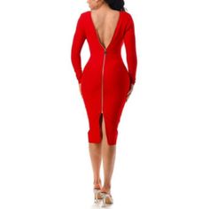 Details Curve Hugging Zipper Midi Bandage Dress Color: Red Length: Approx. 42" Medium Material: 97% Polyester 3% Spandex Model: Size Small Red Midi Length Elastane Dress, Party Bodycon Dress With Back Zipper, Red Midi-length Elastane Dress, V-neck Bodycon Dress With Side Zipper For Night Out, Chic Red Elastane Midi Dress, Red Fitted Bodycon Dress For Club, Red Knee-length Elastane Dress, V-neck Bodycon Dress With Back Zipper, Red Stretch Bandage Dress For Party