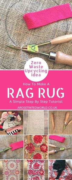 the book cover for how to make a rag rug is shown in pink and white