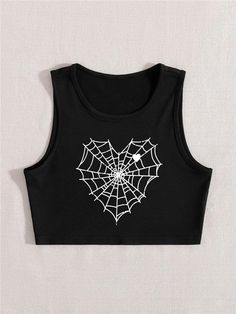 Teonclothingshop Women's gothic t-shirt with cobweb print in the shape of a heart Gothic Tops With Letter Print, Black Stretch Halloween Tops, Black Stretch Top For Halloween, Black Stretch Tops For Halloween, Black Emo Tops For Halloween, Black Sleeveless Emo Tops, Black Y2k Top With Heart Graphic, Y2k Black Top With Heart Graphic, Black Grunge Tops With Heart Graphic