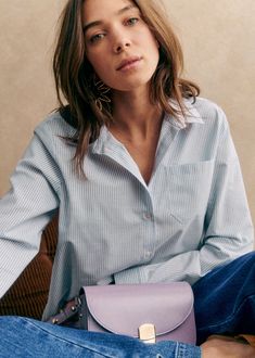 Striped shirt with long sleeves;Chest pocket;Classic collar;Straight fit;Mother-of-pearl buttons;Length from the shoulder: 67 cm (on a size EU36/UK8) Tomboy Shirts, Denim Suit, Knitwear Dress, Knitwear Tops, Mother Of Pearl Buttons, Mode Inspiration, Embroidered Shirt, Parisian Style, Swimwear Tops