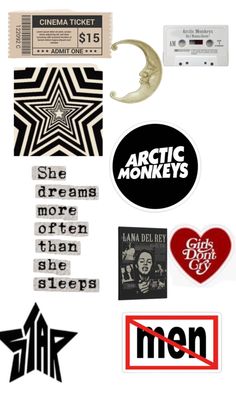 various stickers and decals are arranged on a white background with the words arctic monkeys